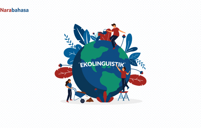 Ilustrasi ekolinguistik yang digambarkan dengan dunia, lingkungan, dan manusia