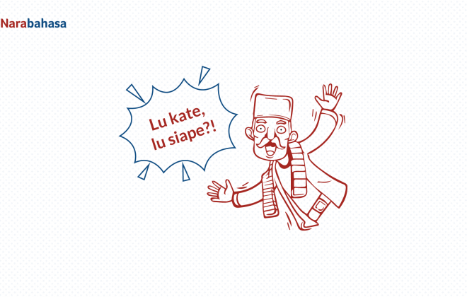 Ilustrasi pria menggunakan pakaian khas betawi dan menggunakan dialek betawi