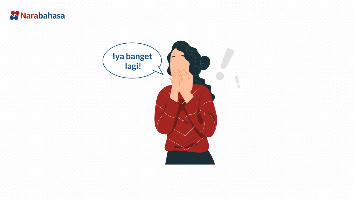 Ilustrasi seorang wanita sedang berkata "Iya banget lagi"