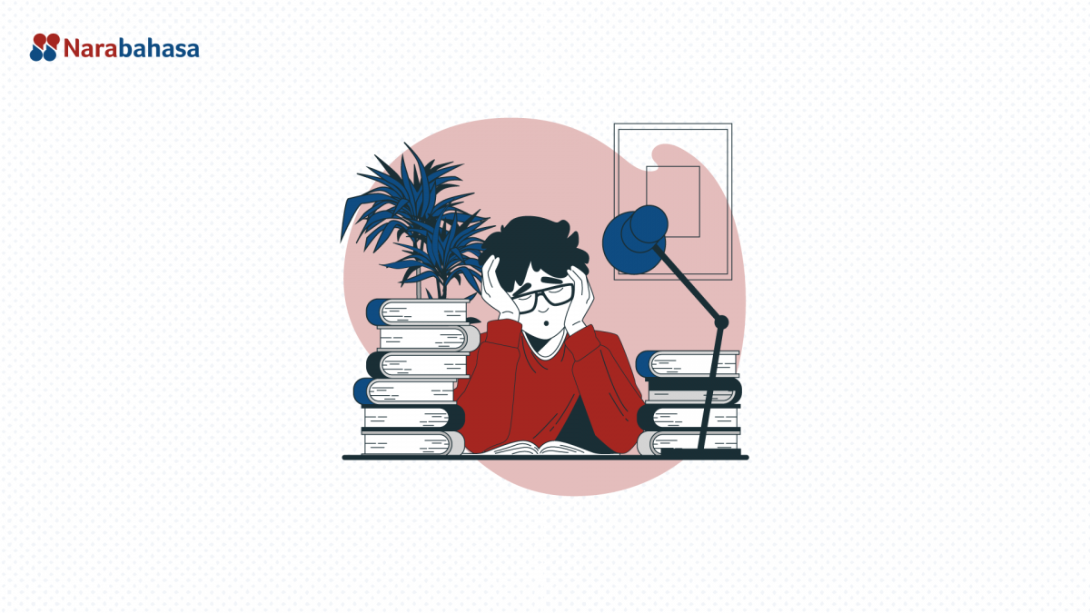 Ilustrasi remaja laki-laki sedang tertidur dengan tumpukan buku di belakangnya yang menggambarkan minat baca yang rendah