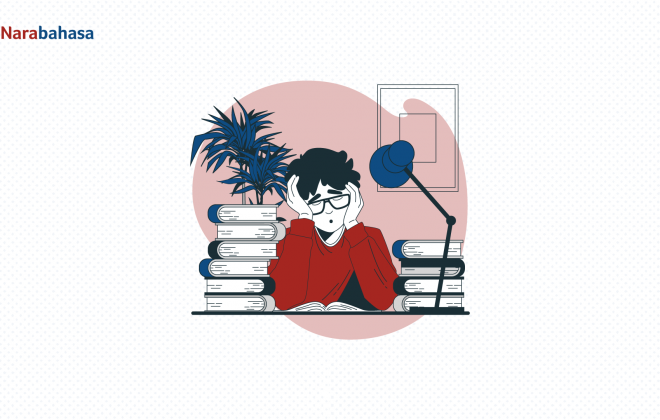 Ilustrasi remaja laki-laki sedang tertidur dengan tumpukan buku di belakangnya yang menggambarkan minat baca yang rendah